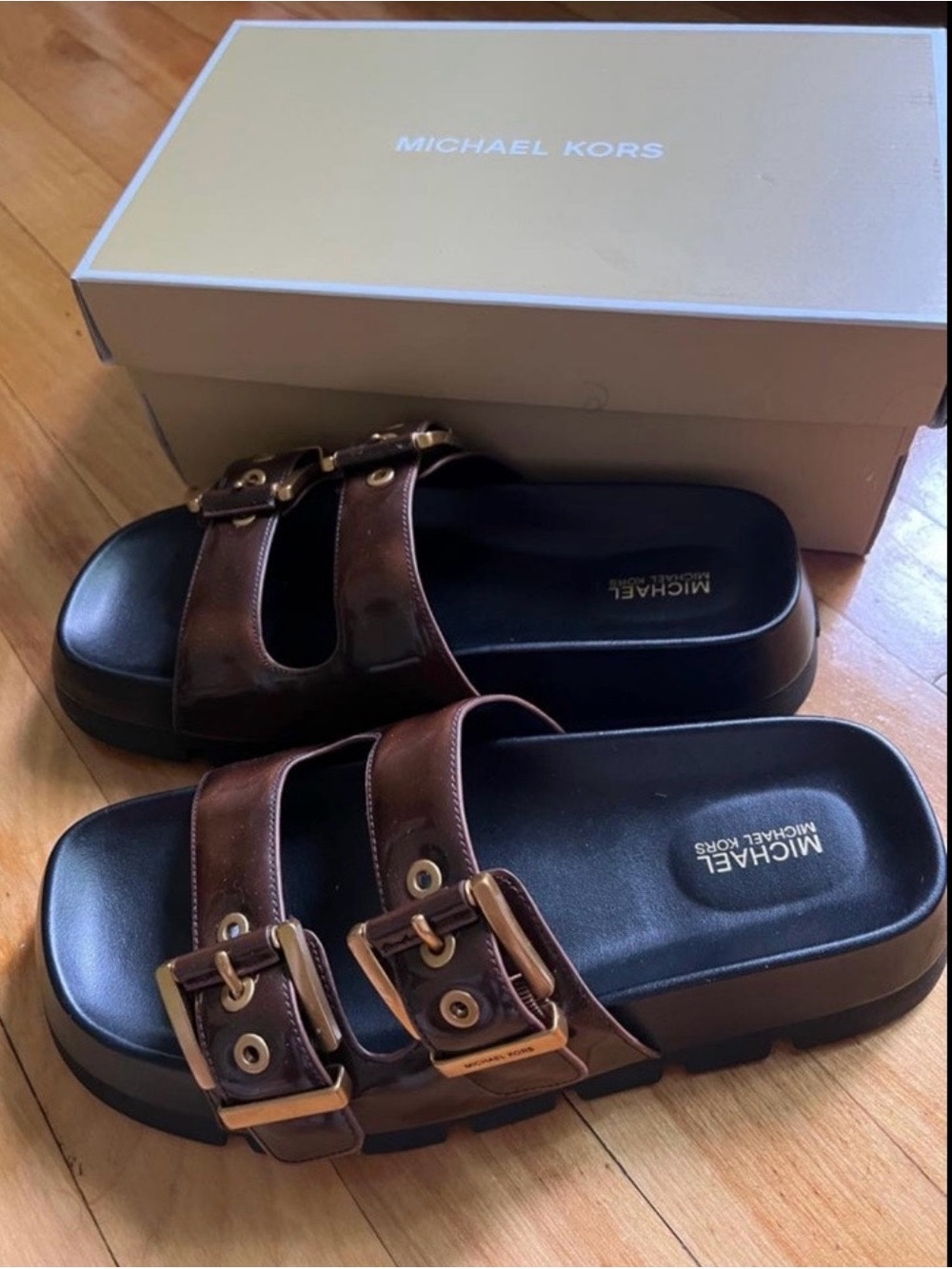 Michael Kors Brown Double-Buckle Slide Sandals